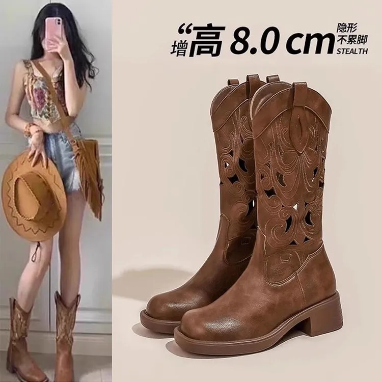 内增高粗跟西部牛仔靴女复古骑士靴春夏季薄款民族风镂空长筒靴子