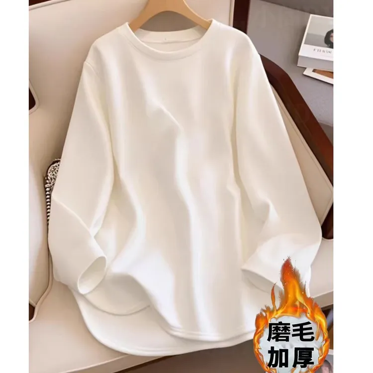 秋冬新款打底衫加厚磨毛T恤女宽松显瘦遮屁股中长款保暖内搭上衣