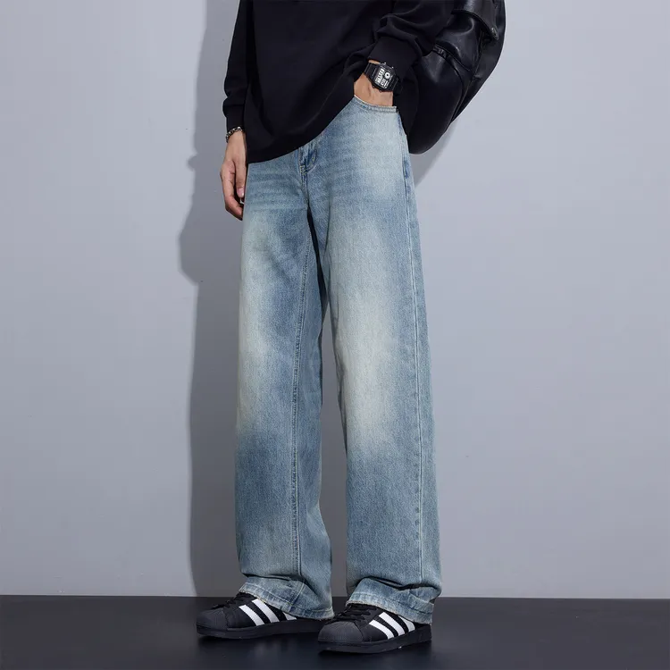 Kuvine2025秋季美式复古潮牌cleanfit宽松直筒磨边水洗牛仔裤男款