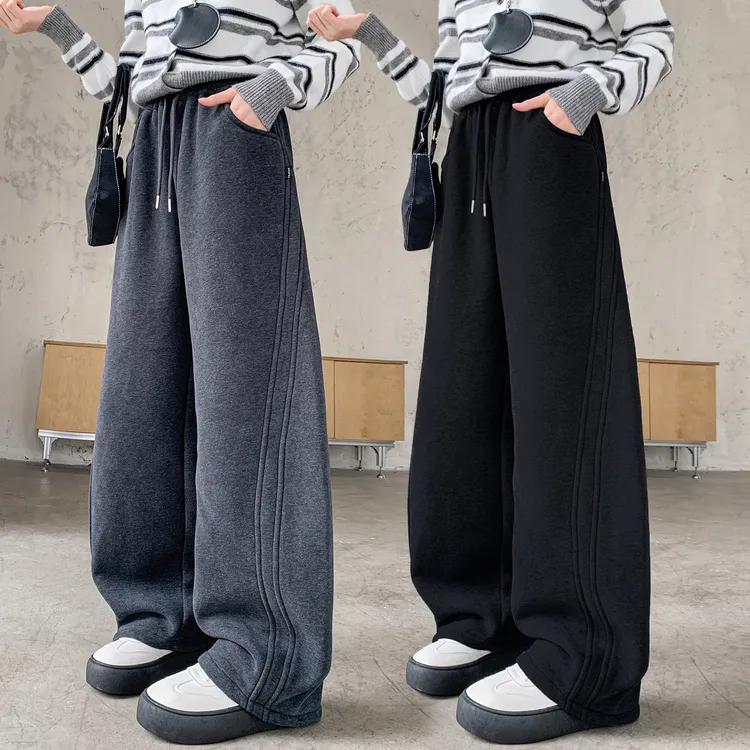 女童加绒裤子初中生直筒黑色灰色胖孩阔腿儿童大童休闲运动卫裤厚