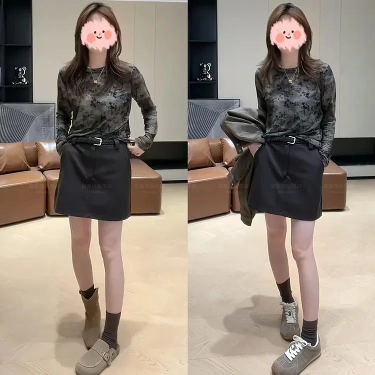 韩版小众复古圆领扎染长袖t恤女2025早秋新款修身显瘦打底衫上衣