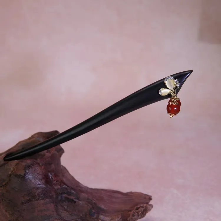 诗泊雅 15-18cm黑檀木盘发簪子双面蝴蝶珠珠日常百搭轻奢简约