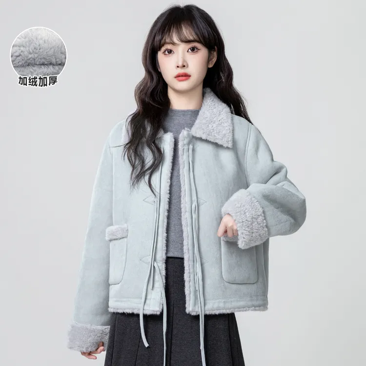 蓝色翻领麂皮绒外套女冬2025冬季新款加厚皮毛一体羊羔绒短款上衣