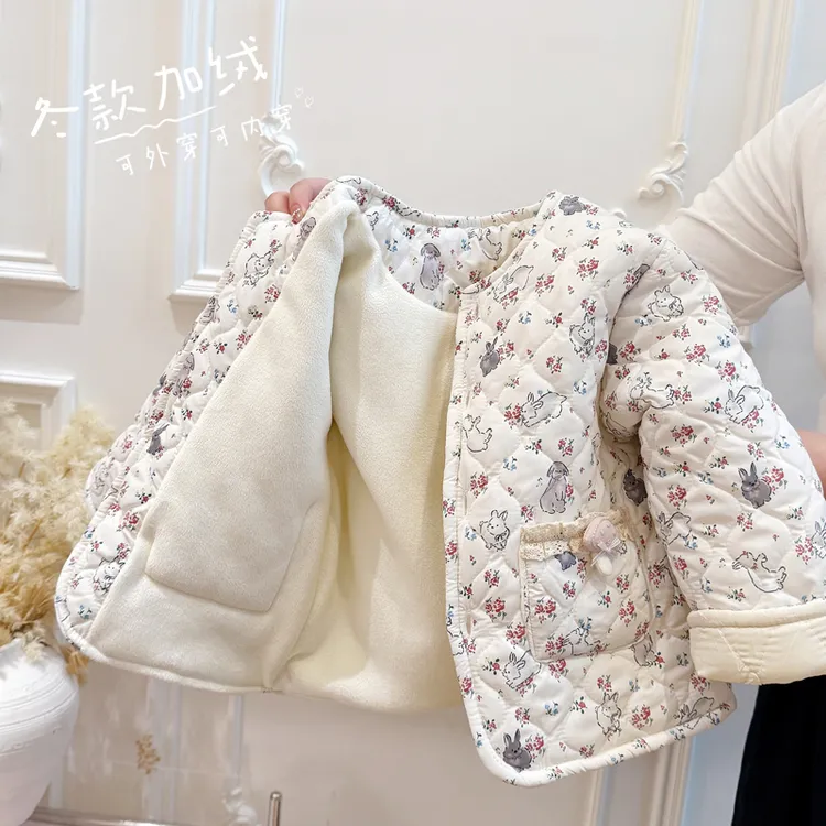女童秋冬季加绒加厚棉服宝宝保暖棉袄儿童碎花上衣外套洋气冬装潮