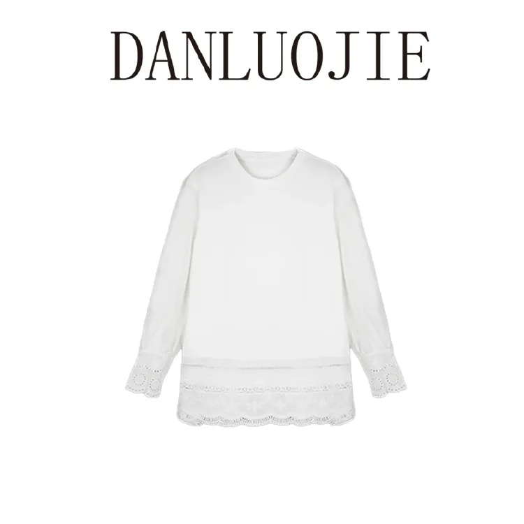 丹珞婕  威尼斯商人 100棉镂空花边圆领罗纹春夏长袖上衣