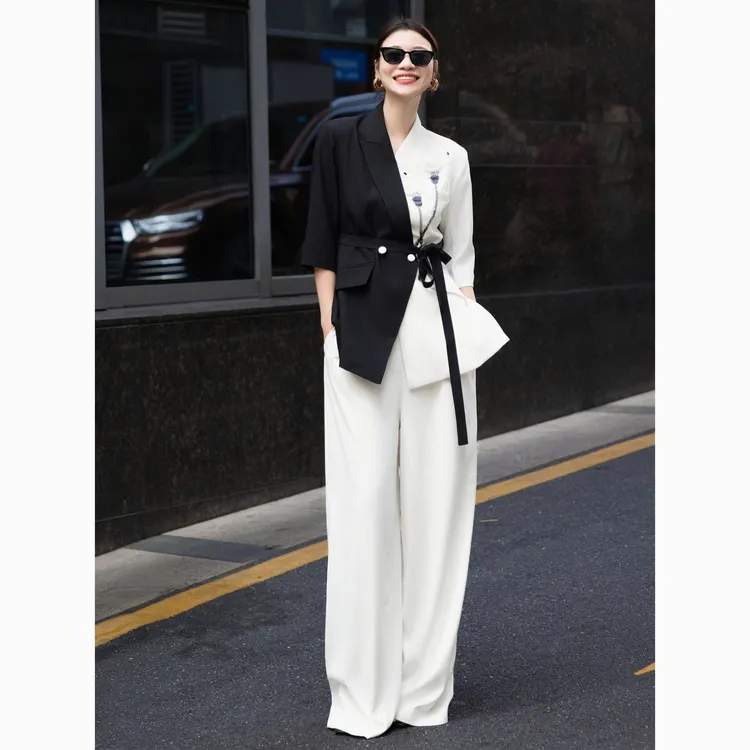ZEROYK高端女装2025秋季高级感黑白撞色国风花朵西装两件套
