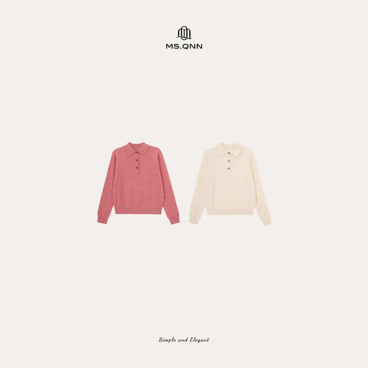 Ms.Qnn“温柔力量”山羊绒羊毛慵懒POLO领半扣针织衫 52T1773 Q姐
