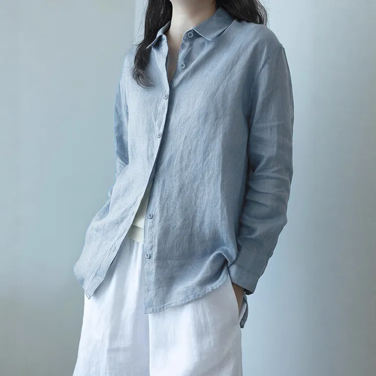 港风文艺复古雾蓝色棉麻衬衫女早秋法式宽松慵懒长袖纯色外穿衬衣