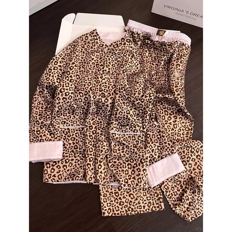 新中式国风盘扣豹纹Kitty睡衣女春秋新款外穿长袖长裤家居服套装