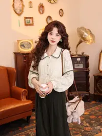 温舒敏【酪梨奶绿】复古港风加绒加厚宽松肌理衬衫上衣MJ1689481