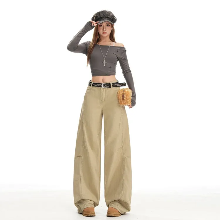 卡其色拼接阔腿弯刀牛仔裤女秋季复古设计感宽松显瘦直筒拖地裤子