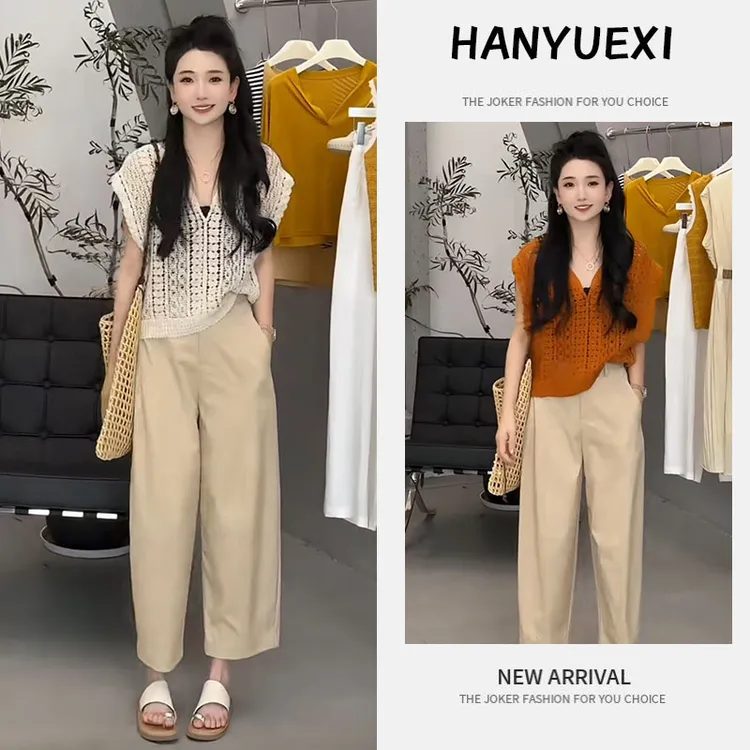 今年流行穿搭一整套2025新款针织上衣休闲风减龄直筒长裤两件套女