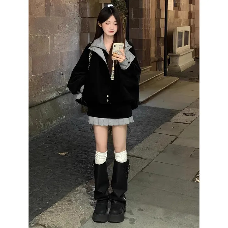 韩系独特超好看宽松慵懒短款夹克外套拼接撞色短裙半身裙早春套装