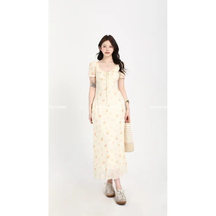 金川川 仲夏花园曲 法式夏季气质小众复古度假风收腰显瘦碎花长裙