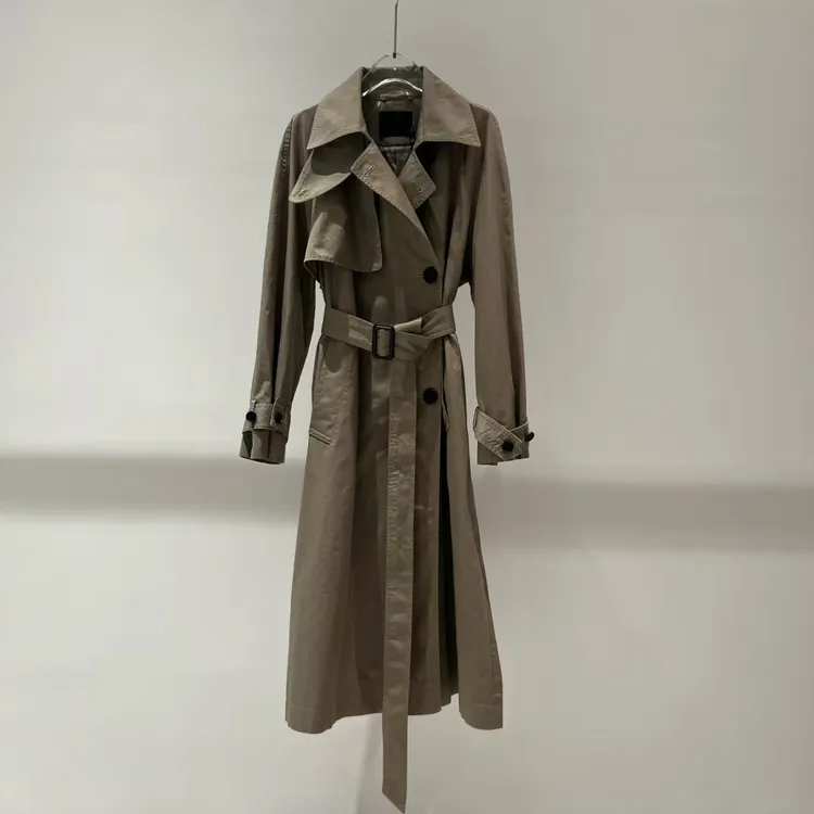 2025秋季新款女时尚翻领配腰带长款翻领长袖休闲风衣卡其色外套