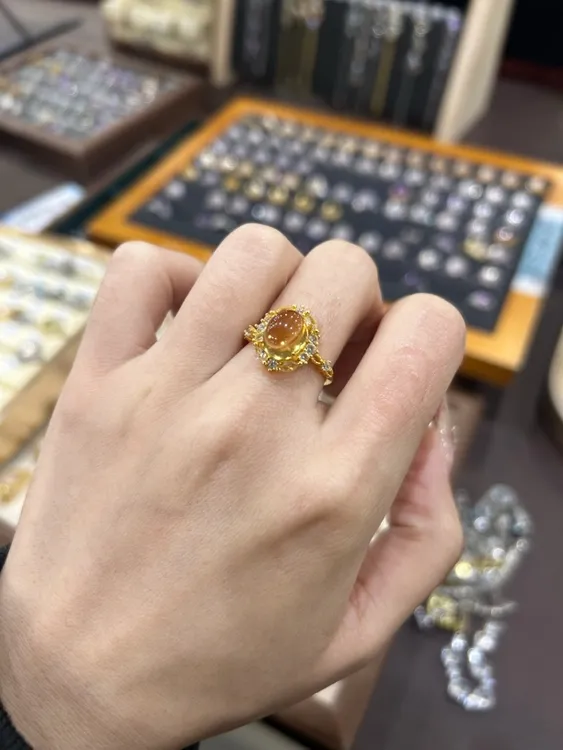 爆款通体s925银托镶嵌彩宝黄水晶戒指金拖不保色