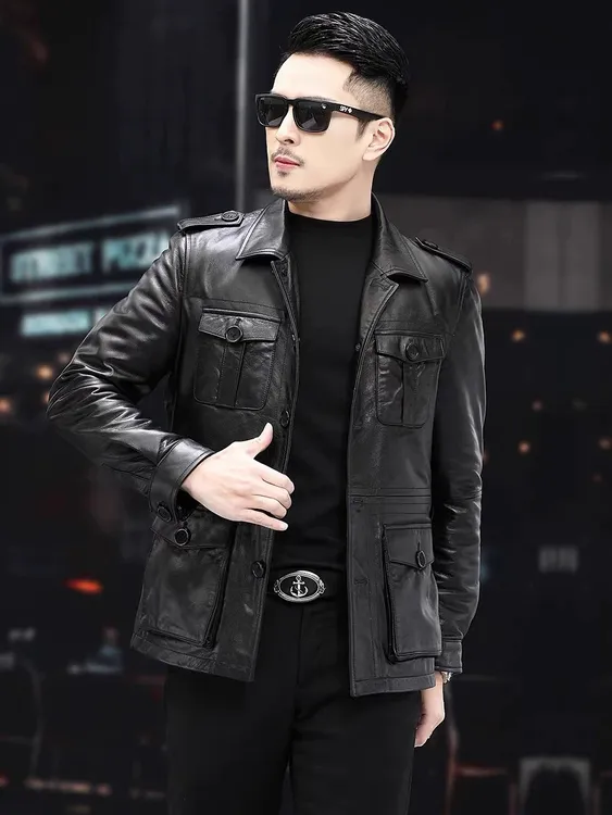 欧美风猎装款真皮牛皮皮衣