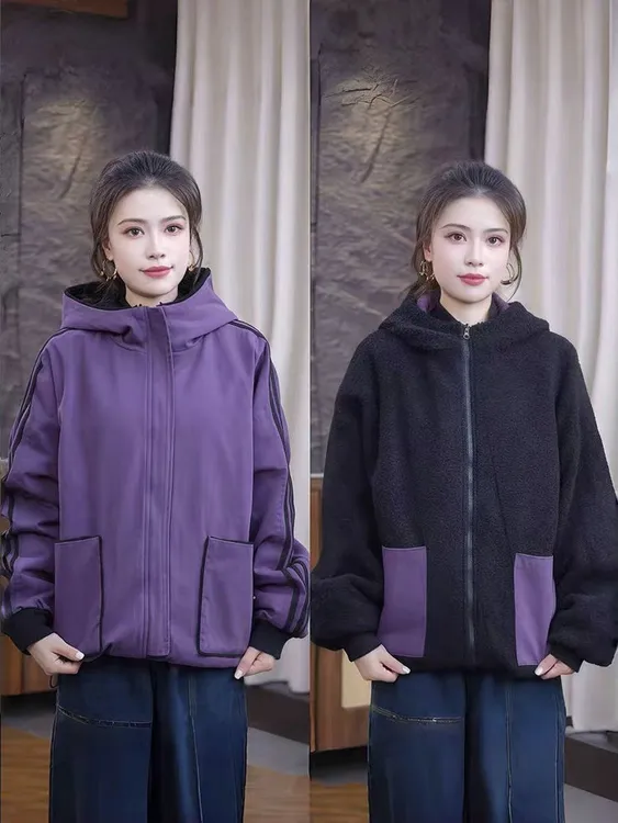 双面穿宽松休闲女士棉服外套上衣2025秋季新款时尚百搭连帽棉衣女