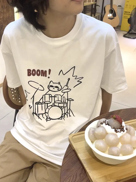 夏季纯棉情侣装一宽一修短袖T恤小猫打鼓夏季爆款超火小众