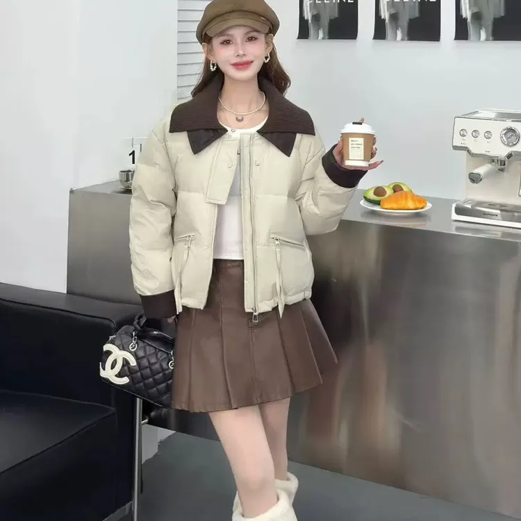 8002#针织翻领50绒羽.服女短款2025新款欧货宽松PU皮质免洗冬季