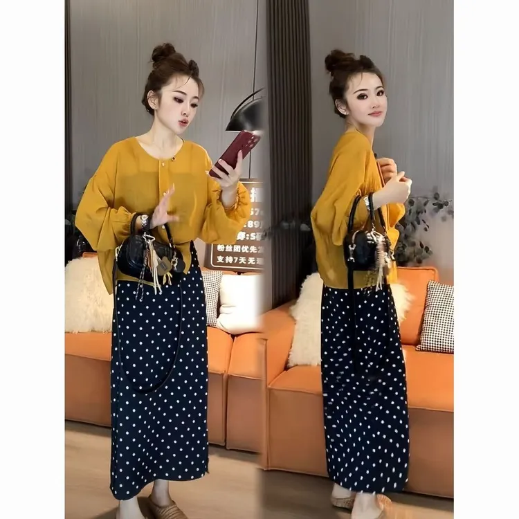 韩系夏季气质遮肉显瘦空调防晒罩衫+开叉波点A字裙两件套休闲套装