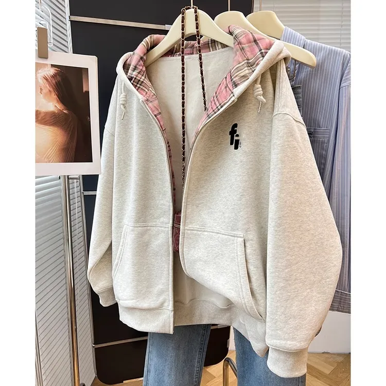 复古拼接连帽刺绣卫衣女秋冬新款韩版宽松学院风休闲开衫外套上衣