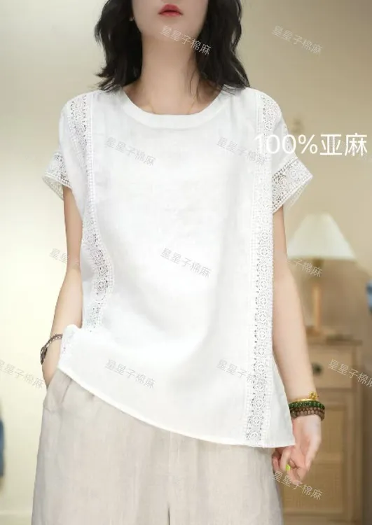 纯亚麻休闲时尚镂空圆领短袖拼接常规宽松型半袖圆领女士T恤
