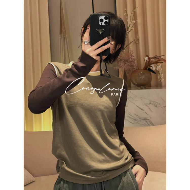 韩彬彬"叠叠乐"秋冬羊毛+莫代尔假两件设计撞色打底长袖女T3105-8