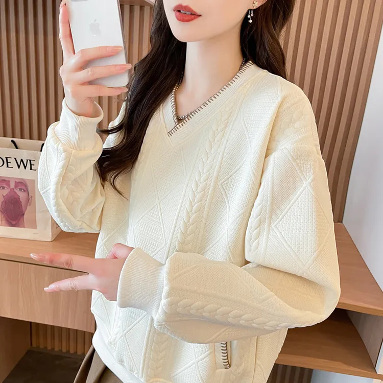 重工刺绣V领卫衣女2025新款春秋季韩版宽松薄款鸡心领上衣服外套