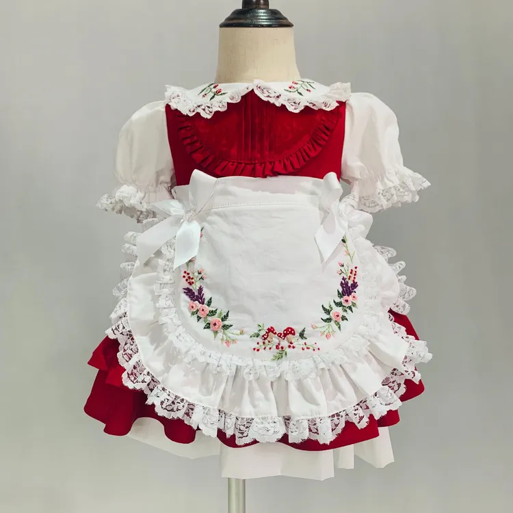 JannyBB女童棉麻手绣玫瑰草莓蘑菇花环蓬蓬裙套装