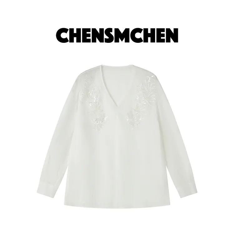 CHENSMCHEN 100苎麻珠绣提花衬衫女欧若风春季显瘦衬衣CSC1020YQ