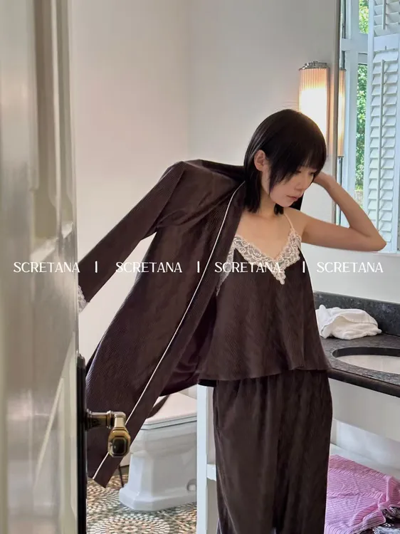 SCRETANA/安娜的秘密淳又咖色蕾丝法式甜美可外穿三件套家居服