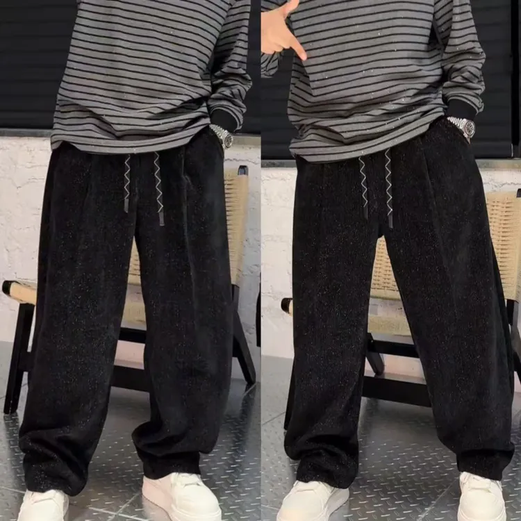 雪尼尔满天星直筒休闲裤男秋季新款松紧腰时尚炸街痞帅百搭长裤潮