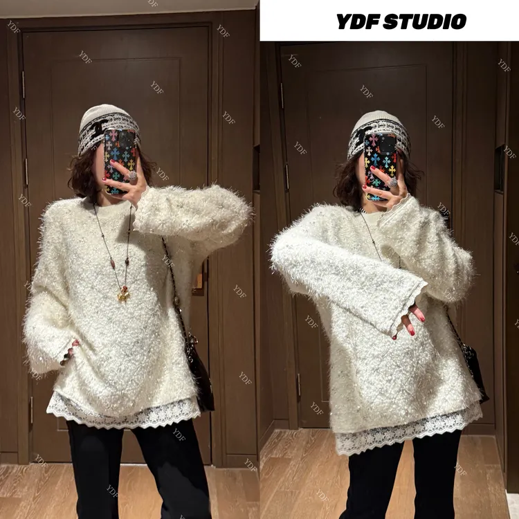YDFSTUDIO小众【洁白无瑕】欧货高品重工蕾丝拼接亮片设计时尚上衣