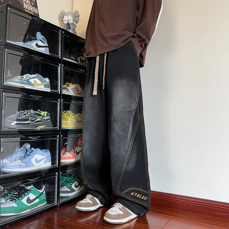 字母刺绣牛仔裤男士美式潮流帅气阔腿裤子春秋季宽松休闲直筒裤子