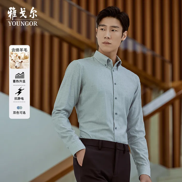 【含绵羊毛+抗静电】雅戈尔秋季新款男士衬衣细格子衬衫男139713