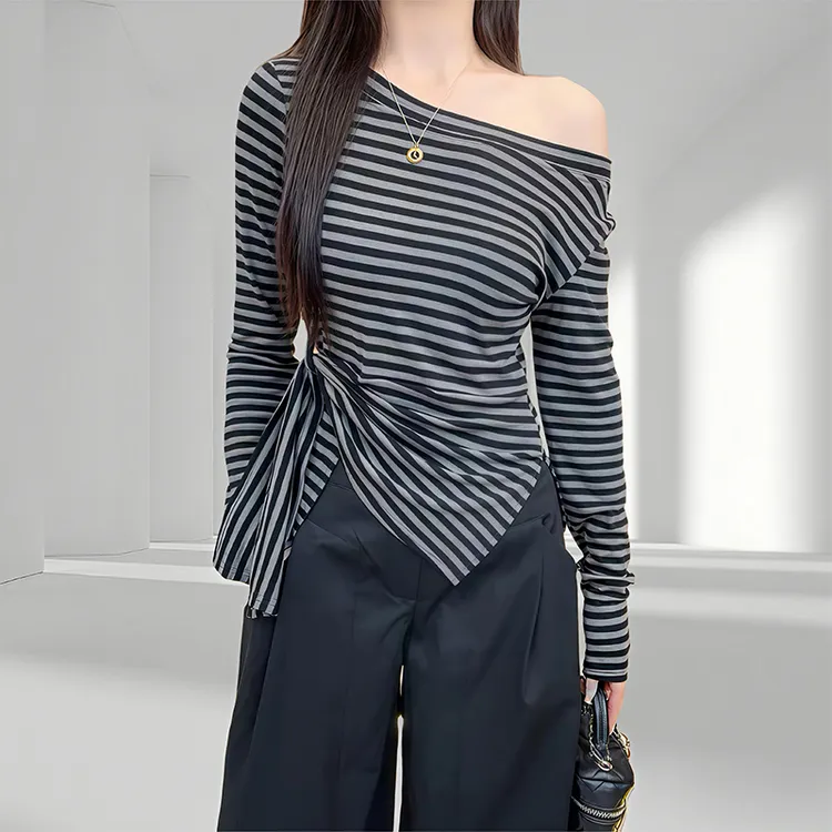 打底衫2025秋装新款修身显瘦下摆不规则开叉收腰条纹斜肩长袖T恤