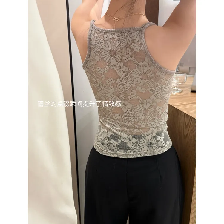 【百搭美背】早秋新款U领镂空蕾丝性感吊带背心女带胸垫修身打底衫
