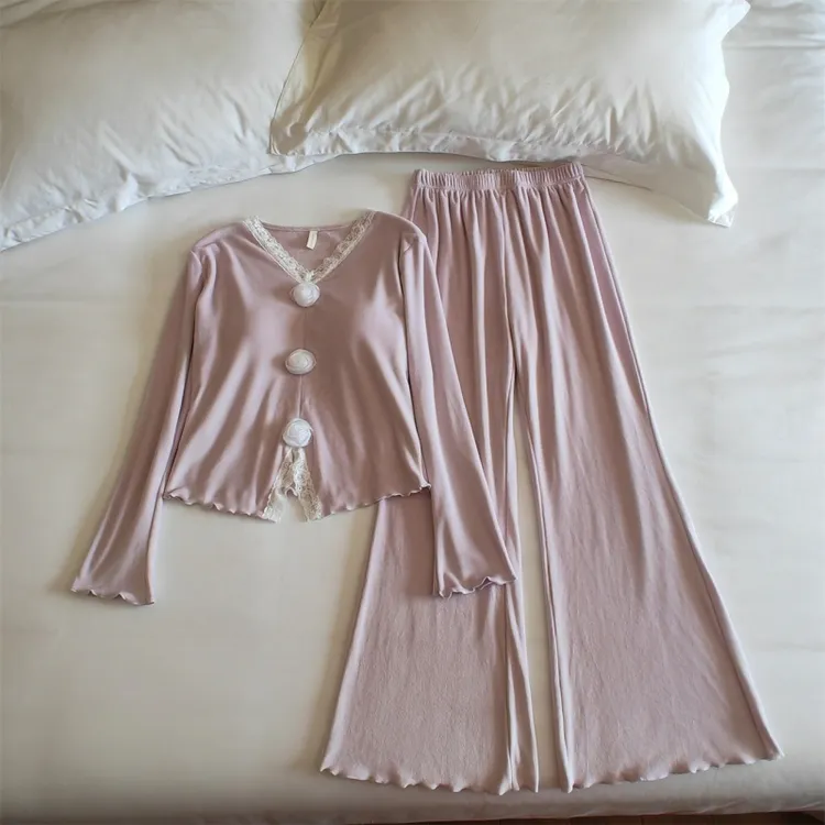 耐磨长袖保暖冬季睡衣女士家居服套装气质轻奢V领套头法式玫瑰扣