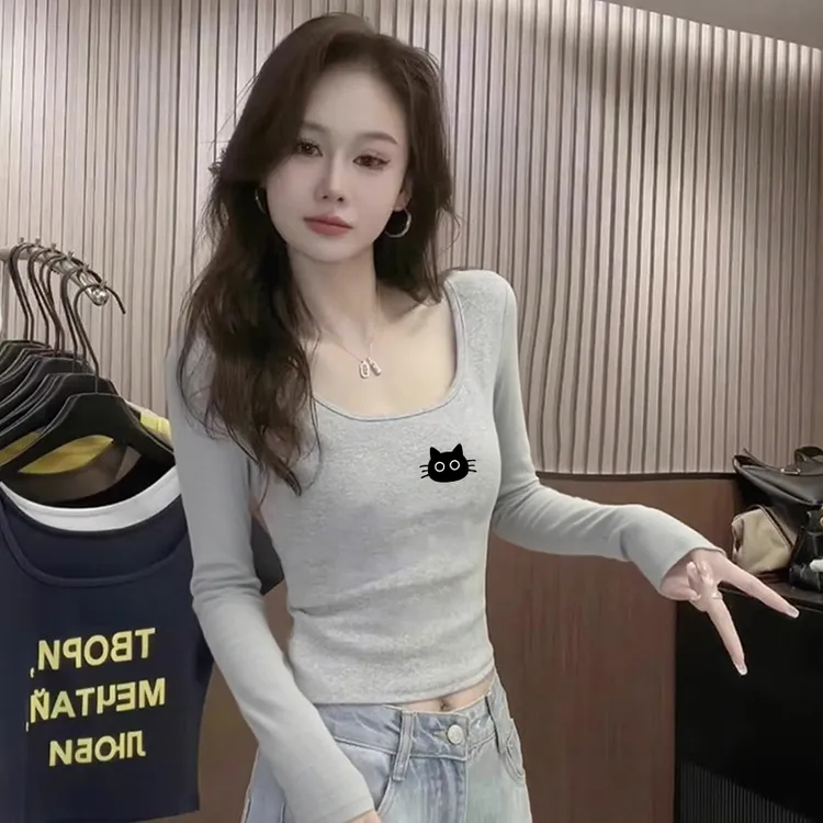 显瘦减龄新款秋冬灰色正肩u领长袖T恤女修身短款内搭打底U领上衣