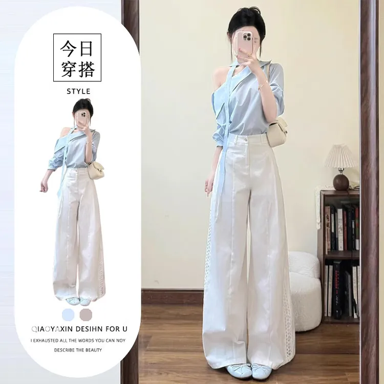 夏装一整套气质女神范高级感重要场合巨好看减龄蓝色斜襟衬衫套装