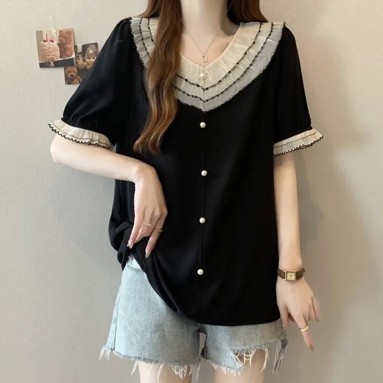 大码女装荷叶边拼接领显瘦小衫胖mm夏季新品修身泡泡袖上衣