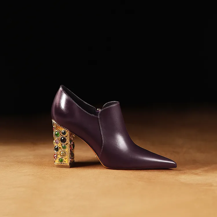 洋气紫色高跟鞋水钻粗跟尖头深口女鞋独特春季新款真皮单鞋不累脚