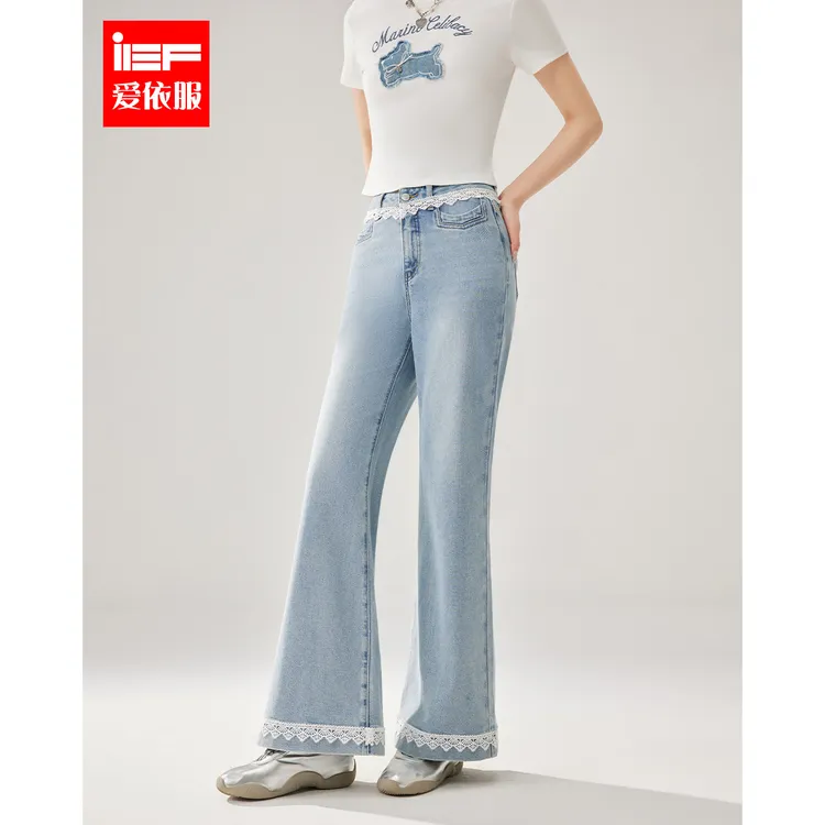 IEF/爱依服裤子2025春夏新款法式温柔小女人气质蕾丝边牛仔阔腿裤