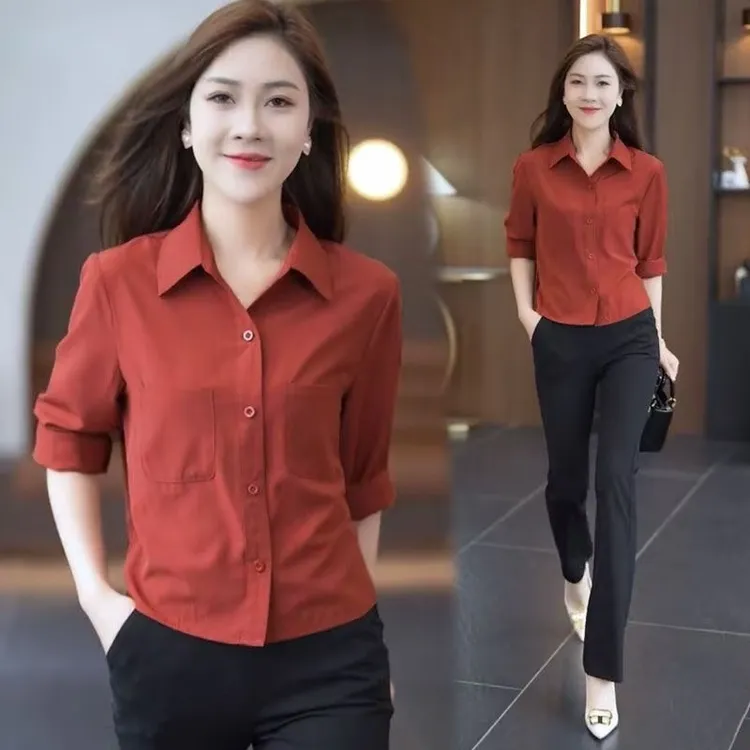 【专柜品质】春秋长袖衬衫女宽松显瘦洋气减龄双口袋妈妈上衣内搭