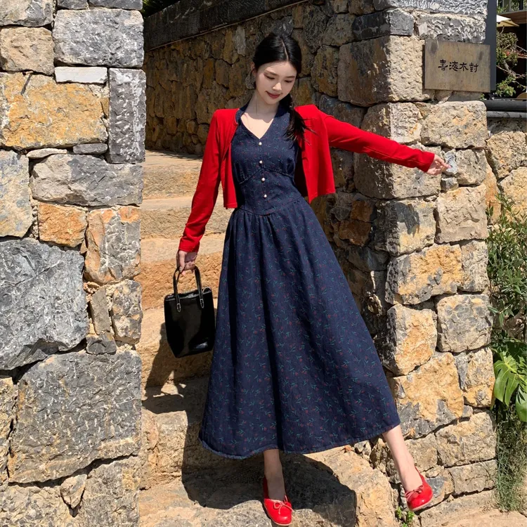 大码女装夏季时尚复古韩系文艺显瘦碎花吊带裙+百搭防晒衫两件套