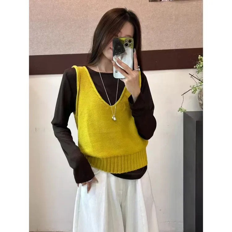 韩系设计感V领叠穿针织无袖马甲背心长袖T恤气质减龄时尚两件套女