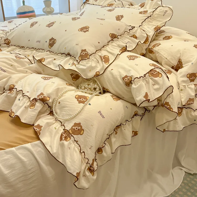 韩式公主风水洗棉双层纱四件套非全纯棉被套床单人宿舍三件套床品