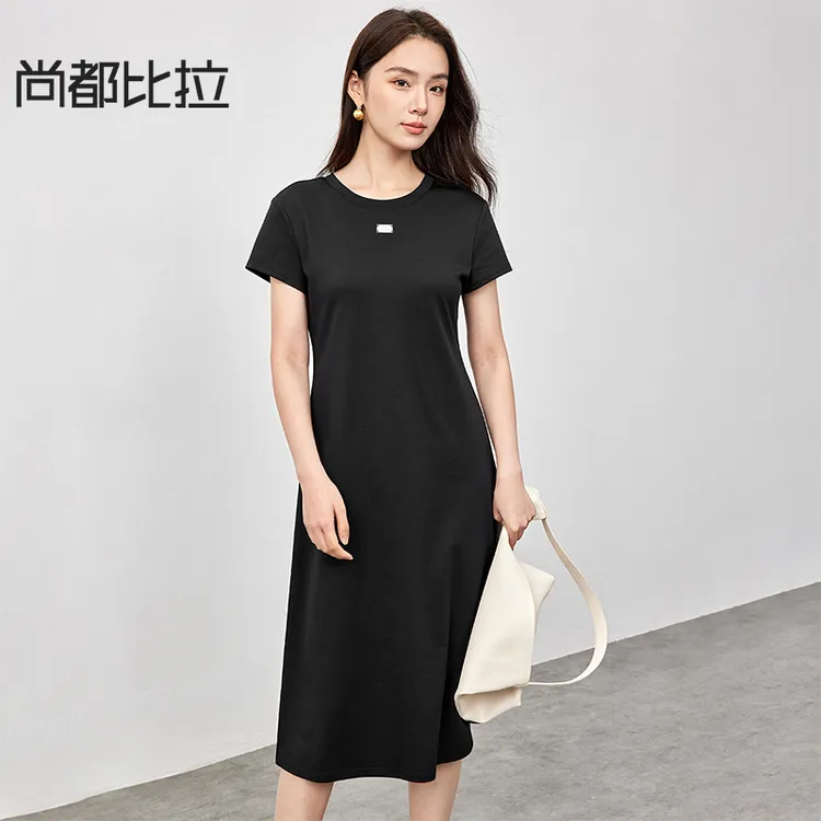 尚都比拉都市休闲微收腰圆领/V领两穿T恤连衣裙59021