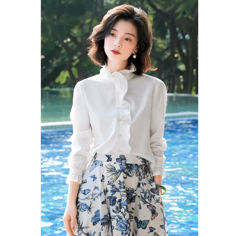 西子/【白月光】莫代尔法式荷叶高领喇叭袖百搭衬衫/CSZY039
